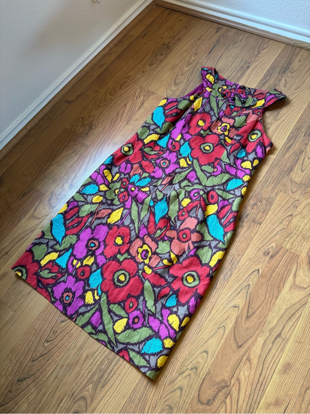 Jessica Howard Multi-Color Floral Print Dress with Pink Lining Linen & Rayon